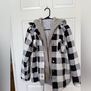 Black and White Plaid Quilted Jacket with Gray Hood